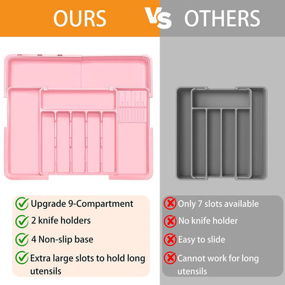 Silverware Organizer - Expandable Large Kitchen Drawer Organizer Utensil Organizer with 2 Removable Knife Blocks, 22"x 19"Cutlery Tray Drawer Dividers for Kitchen Flatware(6-9 Slots) (Black)