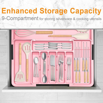 Silverware Organizer - Expandable Large Kitchen Drawer Organizer Utensil Organizer with 2 Removable Knife Blocks, 22"x 19"Cutlery Tray Drawer Dividers for Kitchen Flatware(6-9 Slots) (Black)