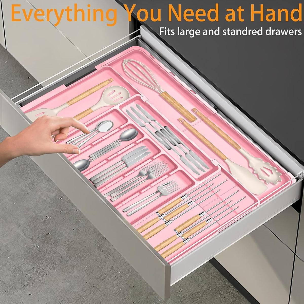 Silverware Organizer - Expandable Large Kitchen Drawer Organizer Utensil Organizer with 2 Removable Knife Blocks, 22"x 19"Cutlery Tray Drawer Dividers for Kitchen Flatware(6-9 Slots) (Black)