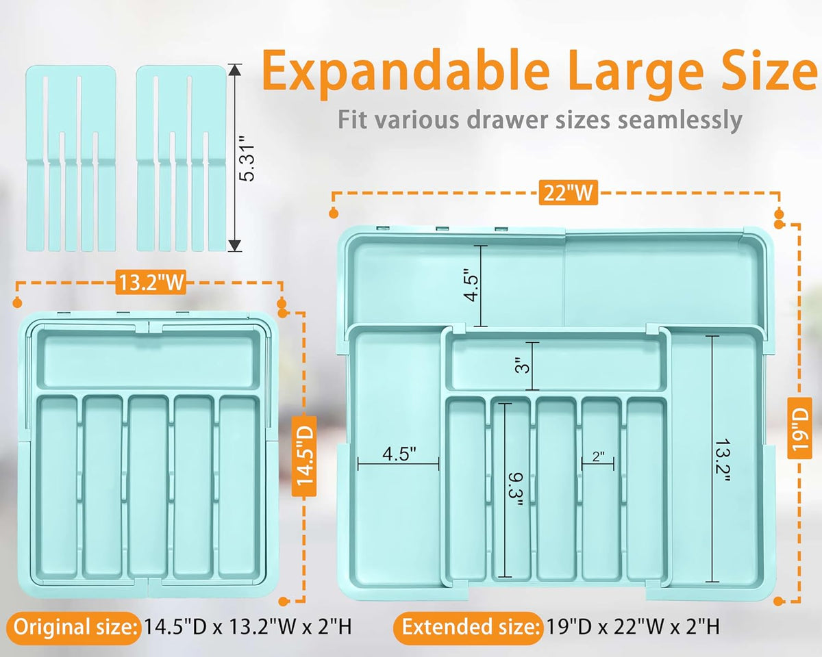 Silverware Organizer - Expandable Large Kitchen Drawer Organizer Utensil Organizer with 2 Removable Knife Blocks, 22"x 19"Cutlery Tray Drawer Dividers for Kitchen Flatware(6-9 Slots) (Black)