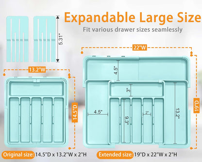 Silverware Organizer - Expandable Large Kitchen Drawer Organizer Utensil Organizer with 2 Removable Knife Blocks, 22"x 19"Cutlery Tray Drawer Dividers for Kitchen Flatware(6-9 Slots) (Black)