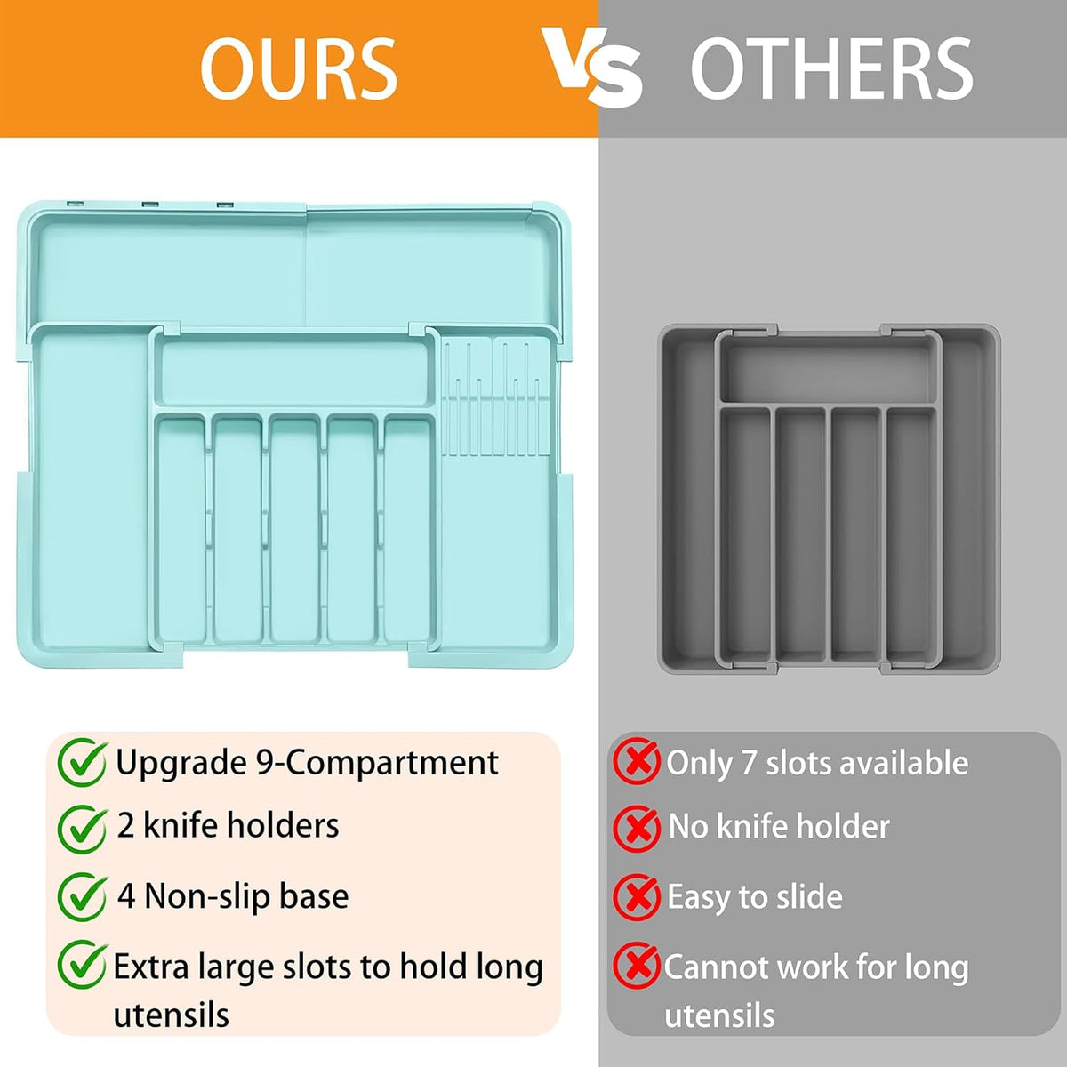 Silverware Organizer - Expandable Large Kitchen Drawer Organizer Utensil Organizer with 2 Removable Knife Blocks, 22"x 19"Cutlery Tray Drawer Dividers for Kitchen Flatware(6-9 Slots) (Black)