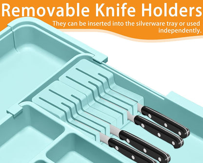 Silverware Organizer - Expandable Large Kitchen Drawer Organizer Utensil Organizer with 2 Removable Knife Blocks, 22"x 19"Cutlery Tray Drawer Dividers for Kitchen Flatware(6-9 Slots) (Black)