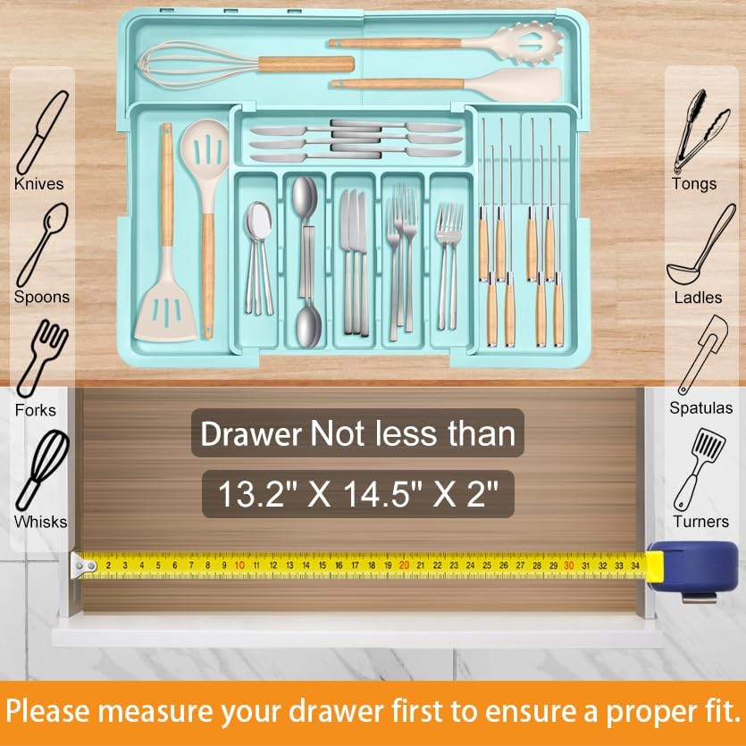 Silverware Organizer - Expandable Large Kitchen Drawer Organizer Utensil Organizer with 2 Removable Knife Blocks, 22"x 19"Cutlery Tray Drawer Dividers for Kitchen Flatware(6-9 Slots) (Black)
