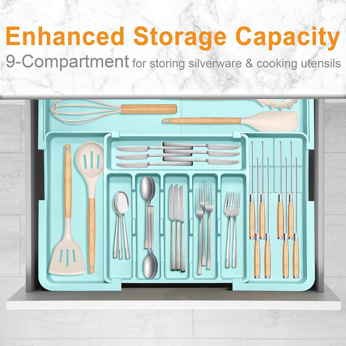 Silverware Organizer - Expandable Large Kitchen Drawer Organizer Utensil Organizer with 2 Removable Knife Blocks, 22"x 19"Cutlery Tray Drawer Dividers for Kitchen Flatware(6-9 Slots) (Black)