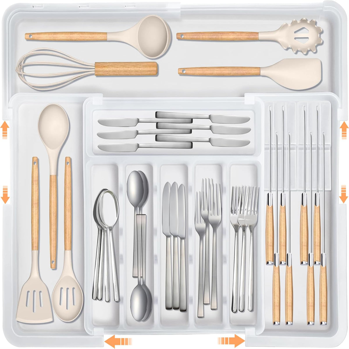 Silverware Organizer - Expandable Large Kitchen Drawer Organizer Utensil Organizer with 2 Removable Knife Blocks, 22"x 19"Cutlery Tray Drawer Dividers for Kitchen Flatware(6-9 Slots) (Black)