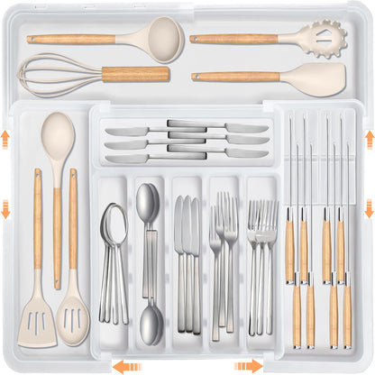Silverware Organizer - Expandable Large Kitchen Drawer Organizer Utensil Organizer with 2 Removable Knife Blocks, 22"x 19"Cutlery Tray Drawer Dividers for Kitchen Flatware(6-9 Slots) (Black)