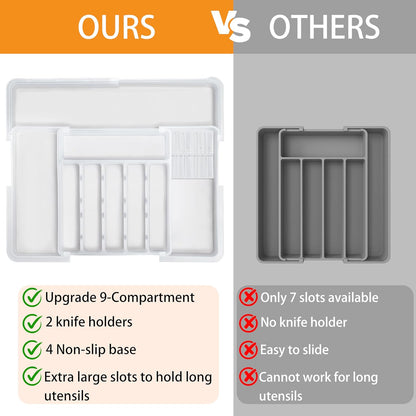 Silverware Organizer - Expandable Large Kitchen Drawer Organizer Utensil Organizer with 2 Removable Knife Blocks, 22"x 19"Cutlery Tray Drawer Dividers for Kitchen Flatware(6-9 Slots) (Black)