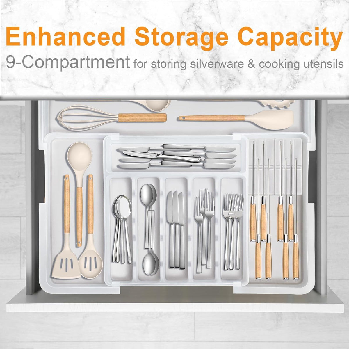 Silverware Organizer - Expandable Large Kitchen Drawer Organizer Utensil Organizer with 2 Removable Knife Blocks, 22"x 19"Cutlery Tray Drawer Dividers for Kitchen Flatware(6-9 Slots) (Black)