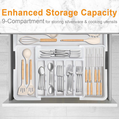 Silverware Organizer - Expandable Large Kitchen Drawer Organizer Utensil Organizer with 2 Removable Knife Blocks, 22"x 19"Cutlery Tray Drawer Dividers for Kitchen Flatware(6-9 Slots) (Black)