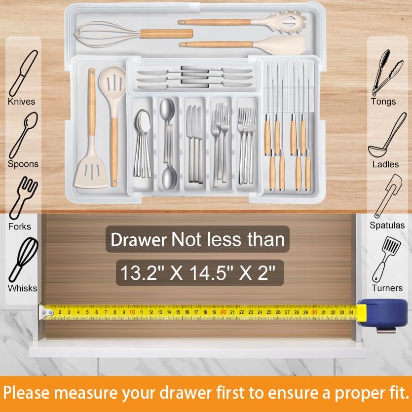 Silverware Organizer - Expandable Large Kitchen Drawer Organizer Utensil Organizer with 2 Removable Knife Blocks, 22"x 19"Cutlery Tray Drawer Dividers for Kitchen Flatware(6-9 Slots) (Black)