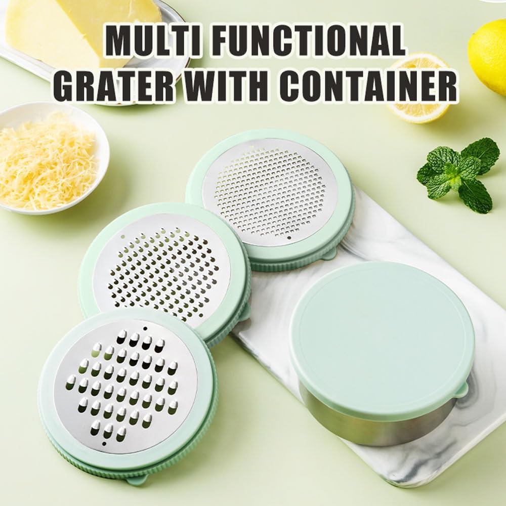 Cheese Grater with Container & Lid, Multi Functional Stainless Steel Box Grater, Handheld Grater Bowl for Kitchen,Lemon Zester for Parmesan, Cheeses, Ginger, Chocolate, Vegetables, Butter (Mint Green)