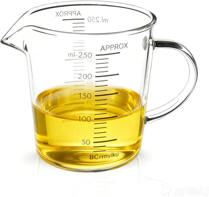 Glass Measuring Cup 250ml 1Cup High Borosilicate [Insulated Handle | V-Shaped Spout]For Prepping Baking and Cooking Preheated Oven Dishwasher Freezer and Microwave Safe