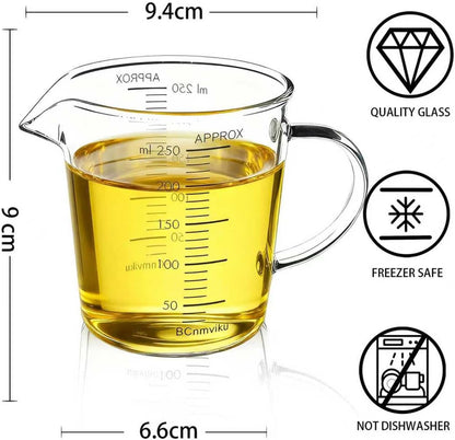 Glass Measuring Cup 250ml 1Cup High Borosilicate [Insulated Handle | V-Shaped Spout]For Prepping Baking and Cooking Preheated Oven Dishwasher Freezer and Microwave Safe