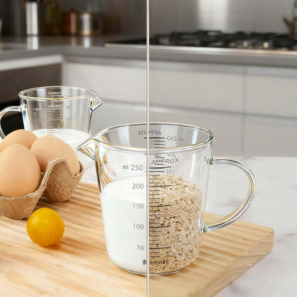 Glass Measuring Cup 250ml 1Cup High Borosilicate [Insulated Handle | V-Shaped Spout]For Prepping Baking and Cooking Preheated Oven Dishwasher Freezer and Microwave Safe