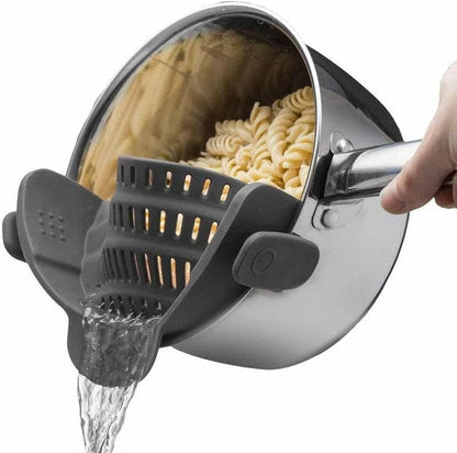 Clip-On Silicone Pot Strainer, Pasta Colander for Pots and Pans, Food Strainer for Vegetables, Fruit & Meat, Gray