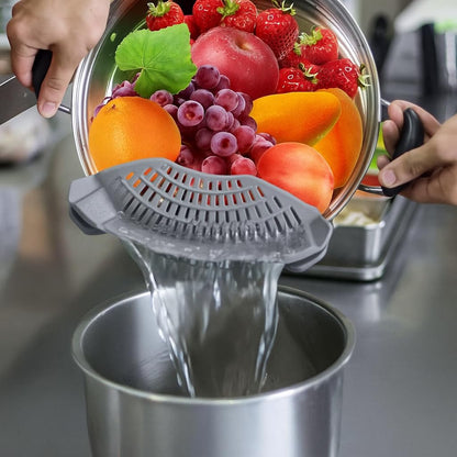 Clip-On Silicone Pot Strainer, Pasta Colander for Pots and Pans, Food Strainer for Vegetables, Fruit & Meat, Gray