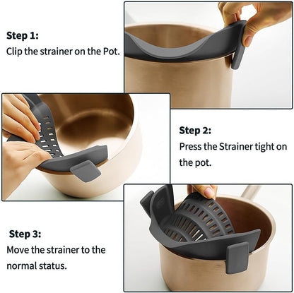 Clip-On Silicone Pot Strainer, Pasta Colander for Pots and Pans, Food Strainer for Vegetables, Fruit & Meat, Gray