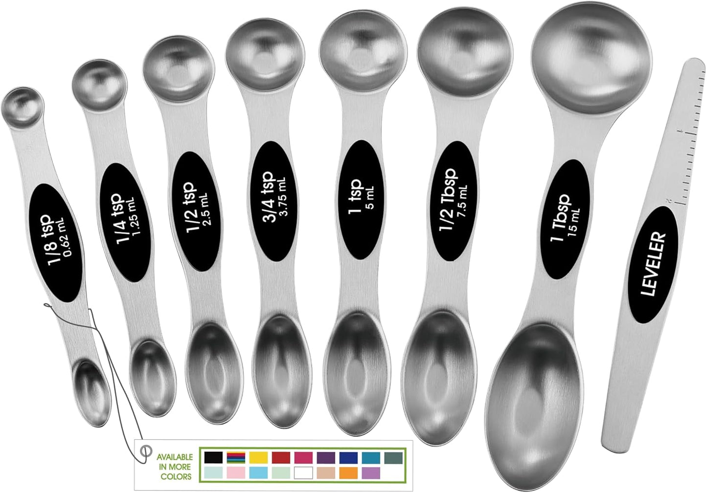 Stainless Steel Magnetic Measuring Spoons Set with Strong N45 Magnets, Heavy Duty Metal Kitchen Gadgets for Baking & Cooking, Fits in Most Kitchen Spice Jars, Set of 8 with Leveler, Black