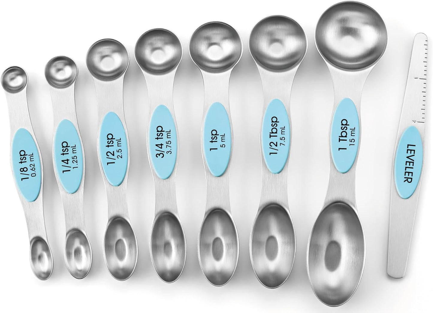 Stainless Steel Magnetic Measuring Spoons Set with Strong N45 Magnets, Heavy Duty Metal Kitchen Gadgets for Baking & Cooking, Fits in Most Kitchen Spice Jars, Set of 8 with Leveler, Black