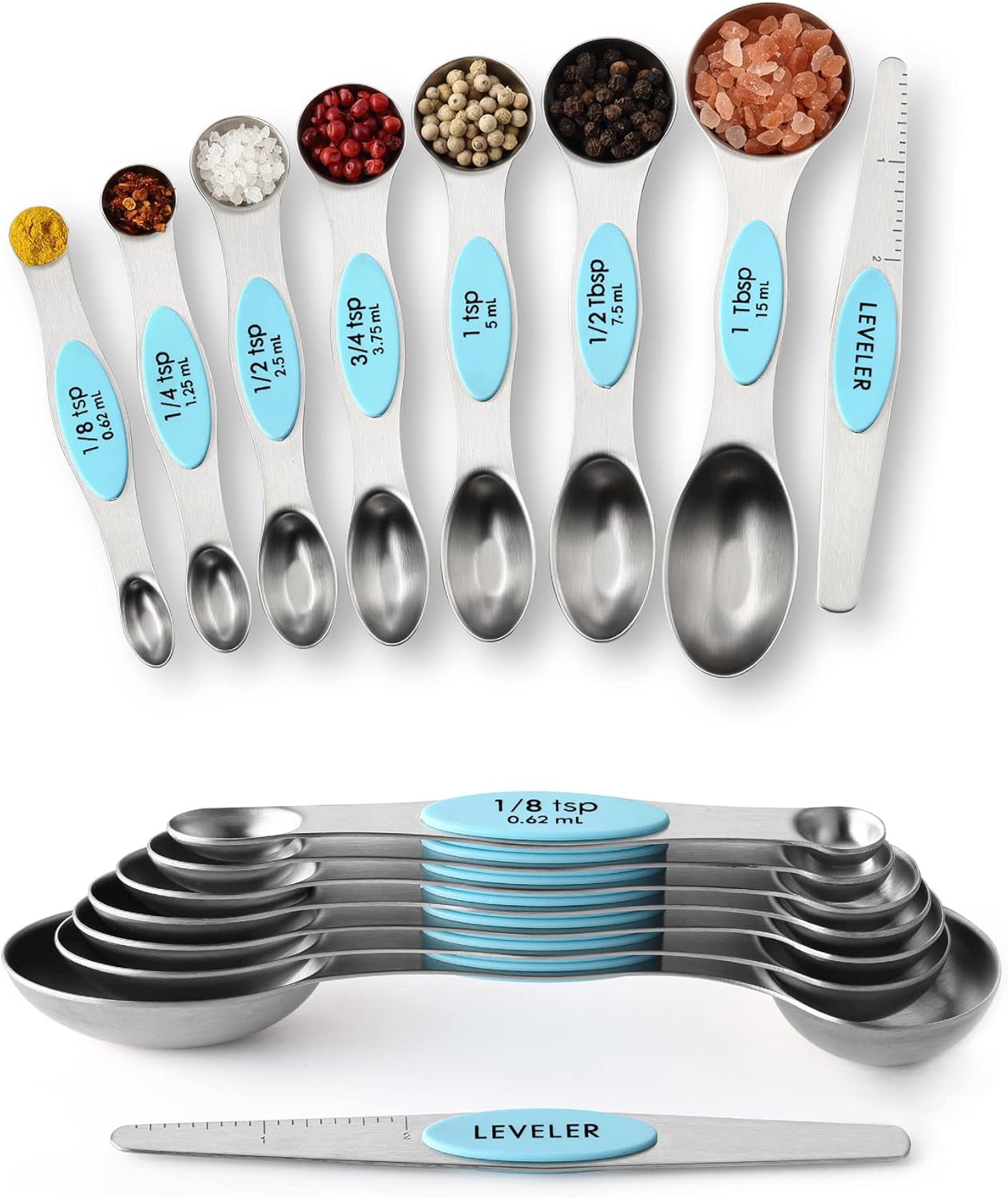 Stainless Steel Magnetic Measuring Spoons Set with Strong N45 Magnets, Heavy Duty Metal Kitchen Gadgets for Baking & Cooking, Fits in Most Kitchen Spice Jars, Set of 8 with Leveler, Black