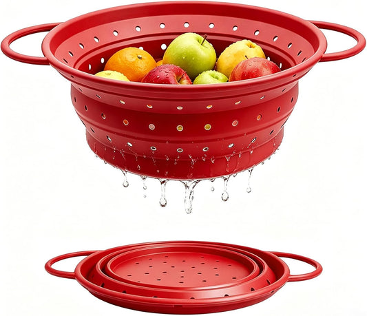 Collapsible Silicone Colander Strainer for Kitchen, Steel Rim Stable Foldable Strainer, BPA-Free Microplastic-Free,Heat-Resistant Steamer Basket, Stores Flat, Dishwasher Safe, Red