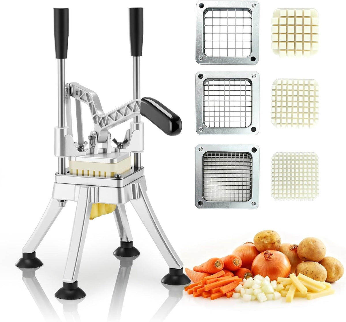 Commercial Vegetable Chopper Potato Dicer & Fruit Slicer, Stainless Steel French Fry Cutter with 3 Replacement Blades(1/2 Inch, 3/8 Inch and 1/4 Inch Blades) for Restaurants & Home Kitchen