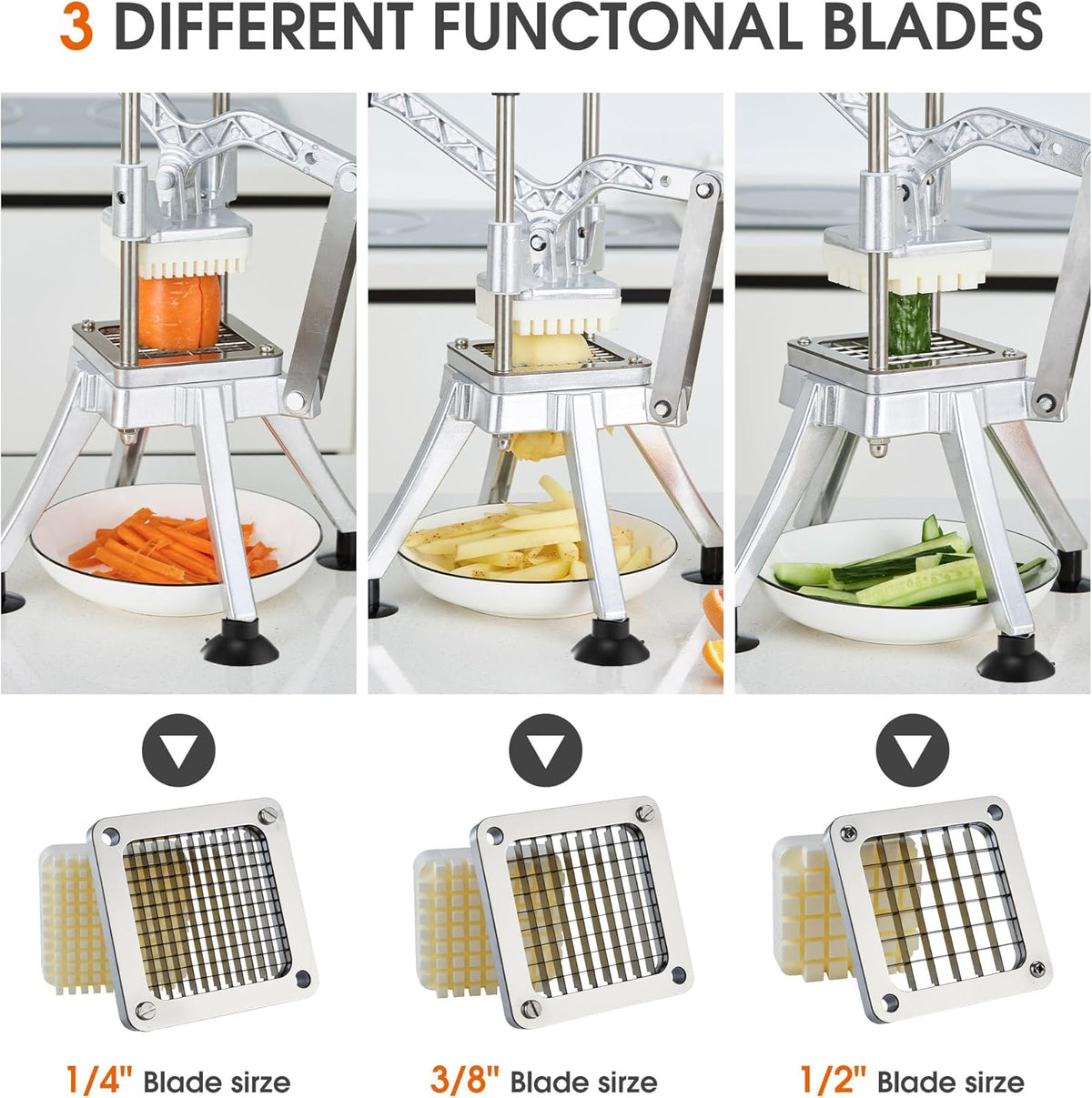 Commercial Vegetable Chopper Potato Dicer & Fruit Slicer, Stainless Steel French Fry Cutter with 3 Replacement Blades(1/2 Inch, 3/8 Inch and 1/4 Inch Blades) for Restaurants & Home Kitchen