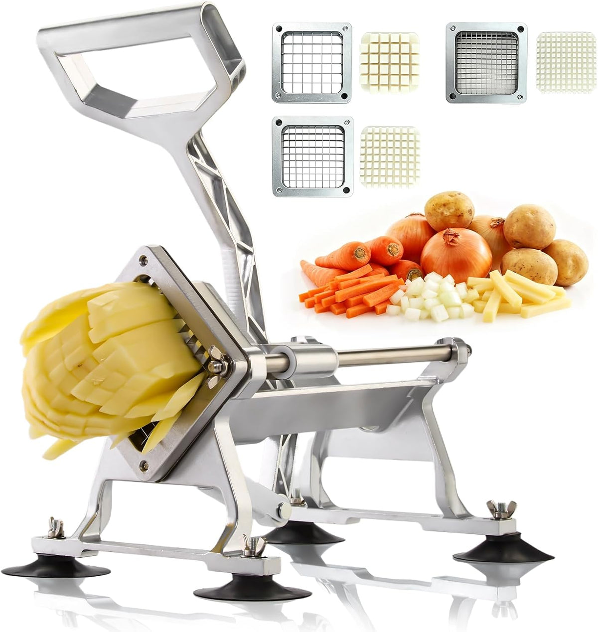 Commercial Vegetable Chopper Potato Dicer & Fruit Slicer, Stainless Steel French Fry Cutter with 3 Replacement Blades(1/2 Inch, 3/8 Inch and 1/4 Inch Blades) for Restaurants & Home Kitchen