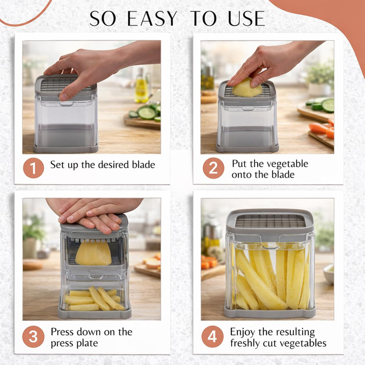 PerfectCut Vegetable Chopper: Manual Push-Down Food Dicer & Chop Box, 4 Blades, French Fry Cutter, Potato Wedge & Veggie Cutter, No Electricity, 3.5-Cup Catch Container, 5 Recipe eBooks