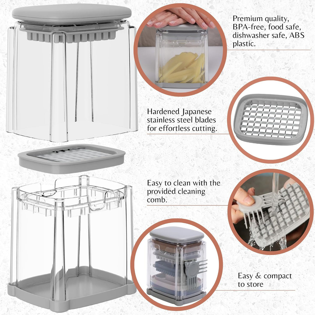 PerfectCut Vegetable Chopper: Manual Push-Down Food Dicer & Chop Box, 4 Blades, French Fry Cutter, Potato Wedge & Veggie Cutter, No Electricity, 3.5-Cup Catch Container, 5 Recipe eBooks