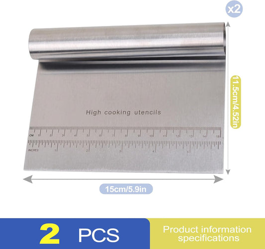 2 Pack Stainless Steel Dough Scraper & Dough Cutter, Pastry Knife & Dough Scraper with Measurement. Professional Baking Dough Knife for Cutting Board, Pizza & Kitchen