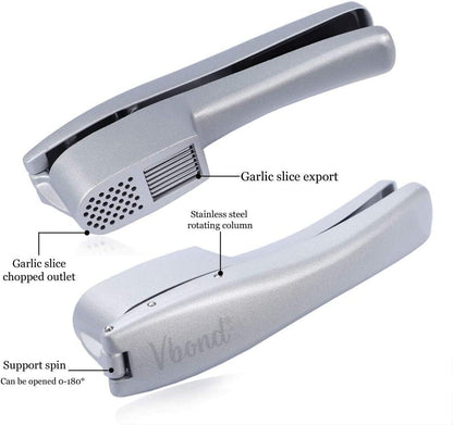Garlic Press and Slicer 2 in 1 with Built-In Cleaner and Silicone Peeler, Convenient Kitchen Tool for Effortless Mincing and Slicing w/Bonus Garlic Peeler, Durable and Dishwasher Safe Aluminum Alloy
