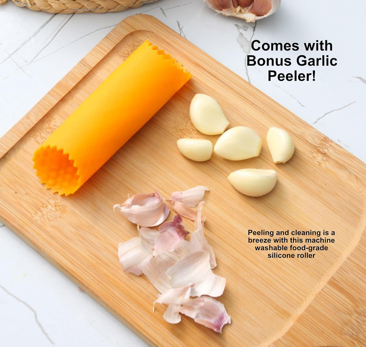 Garlic Press and Slicer 2 in 1 with Built-In Cleaner and Silicone Peeler, Convenient Kitchen Tool for Effortless Mincing and Slicing w/Bonus Garlic Peeler, Durable and Dishwasher Safe Aluminum Alloy
