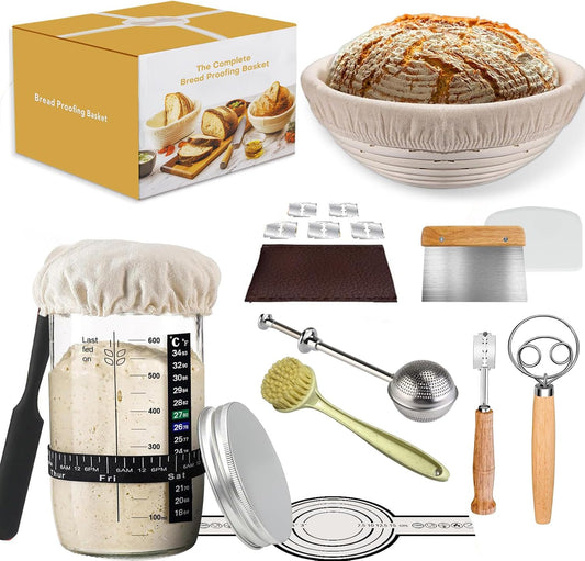 Sourdough Starter Kit, Sourdough Kit Include Banneton Proofing Basket, Sourdough Starter Jar, Bread Lame, Dough Scraper, Dough Whisk Scraper and Silicone Bread Sling