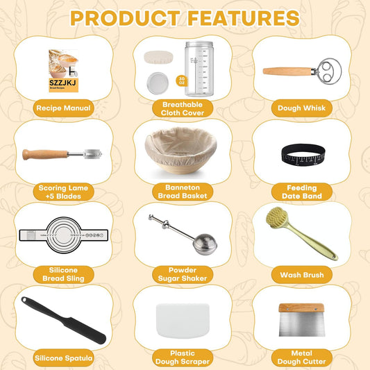 Sourdough Starter Kit, Sourdough Kit Include Banneton Proofing Basket, Sourdough Starter Jar, Bread Lame, Dough Scraper, Dough Whisk Scraper and Silicone Bread Sling