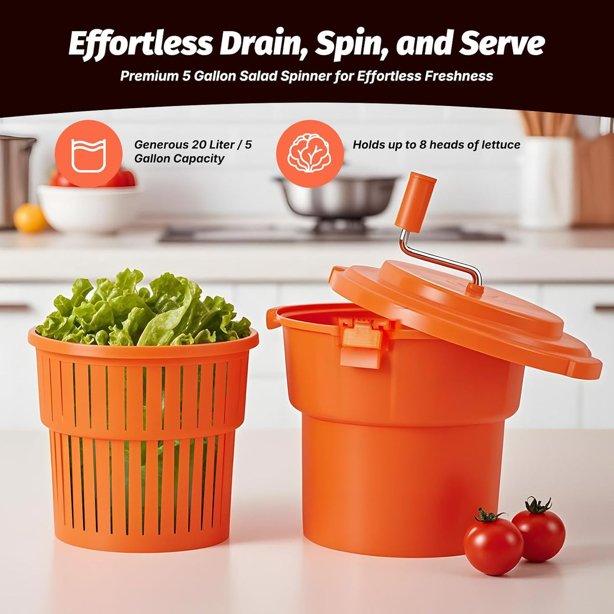 5 Gal/20 Qt Large Commercial Salad Spinner Jumbo Manual Lettuce Dryer-Dries up to 7 Heads of Lettuces