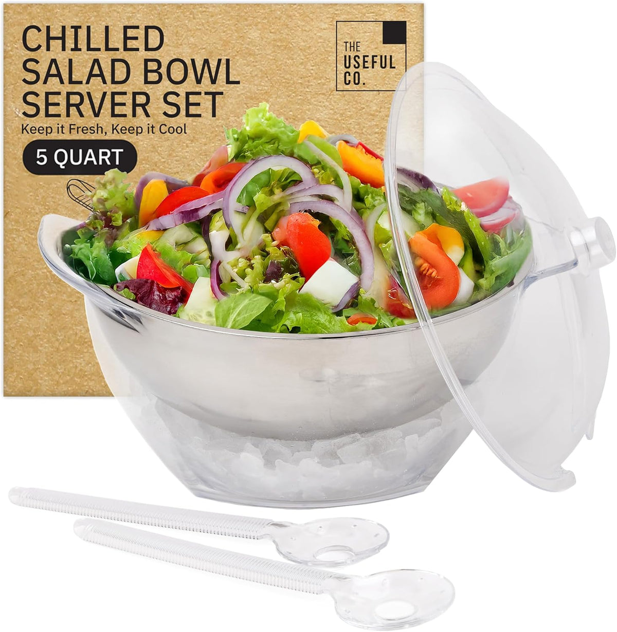 Useful Co. Chilled Serving Bowl, Salad Bowl with Ice Chiller Base and Lid | Keeps Food Cold for Party - Large Chilled Serving Bowl with Ice Underneath, Chilled Salad Bowl with Lid, 2 servers, 5QT