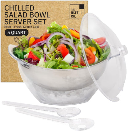 Useful Co. Chilled Serving Bowl, Salad Bowl with Ice Chiller Base and Lid | Keeps Food Cold for Party - Large Chilled Serving Bowl with Ice Underneath, Chilled Salad Bowl with Lid, 2 servers, 5QT