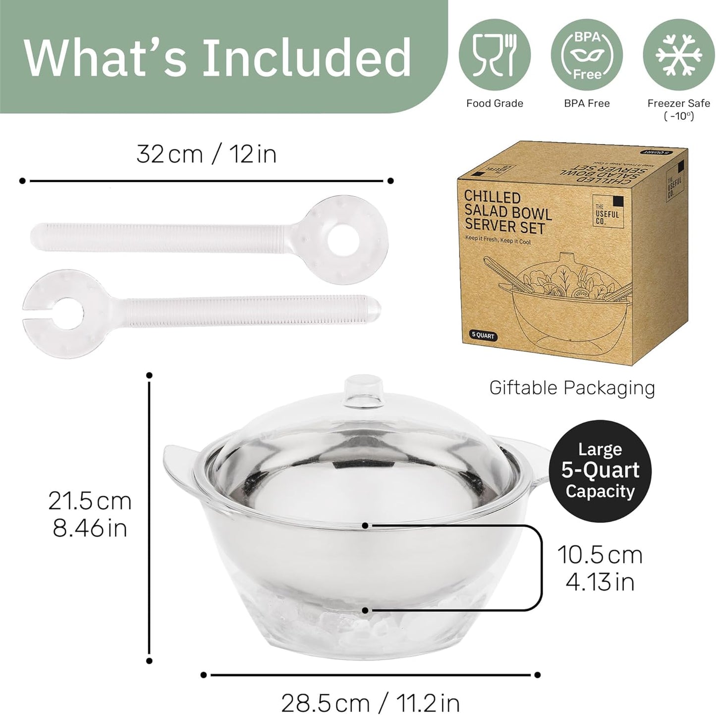 Useful Co. Chilled Serving Bowl, Salad Bowl with Ice Chiller Base and Lid | Keeps Food Cold for Party - Large Chilled Serving Bowl with Ice Underneath, Chilled Salad Bowl with Lid, 2 servers, 5QT