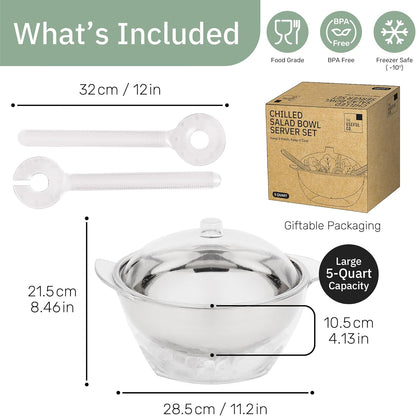 Useful Co. Chilled Serving Bowl, Salad Bowl with Ice Chiller Base and Lid | Keeps Food Cold for Party - Large Chilled Serving Bowl with Ice Underneath, Chilled Salad Bowl with Lid, 2 servers, 5QT