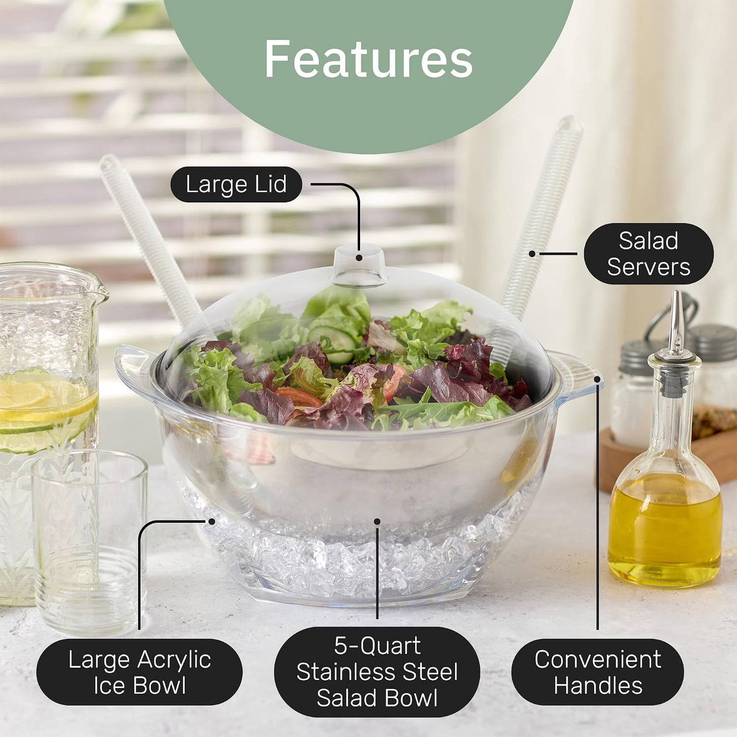 Useful Co. Chilled Serving Bowl, Salad Bowl with Ice Chiller Base and Lid | Keeps Food Cold for Party - Large Chilled Serving Bowl with Ice Underneath, Chilled Salad Bowl with Lid, 2 servers, 5QT