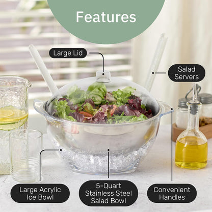 Useful Co. Chilled Serving Bowl, Salad Bowl with Ice Chiller Base and Lid | Keeps Food Cold for Party - Large Chilled Serving Bowl with Ice Underneath, Chilled Salad Bowl with Lid, 2 servers, 5QT