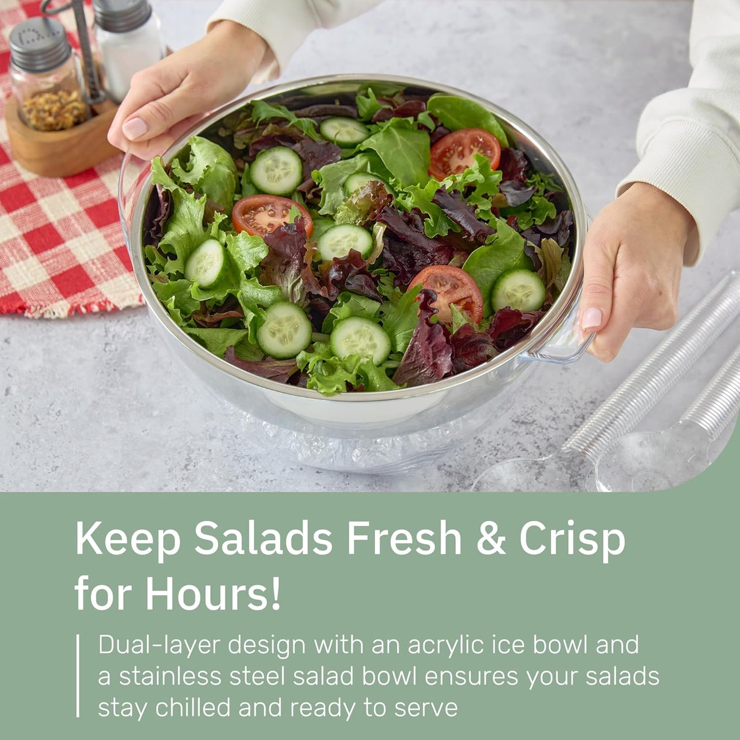 Useful Co. Chilled Serving Bowl, Salad Bowl with Ice Chiller Base and Lid | Keeps Food Cold for Party - Large Chilled Serving Bowl with Ice Underneath, Chilled Salad Bowl with Lid, 2 servers, 5QT