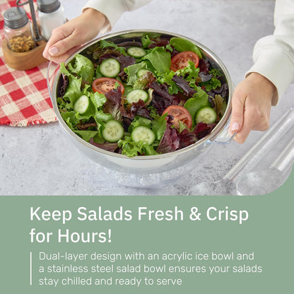 Useful Co. Chilled Serving Bowl, Salad Bowl with Ice Chiller Base and Lid | Keeps Food Cold for Party - Large Chilled Serving Bowl with Ice Underneath, Chilled Salad Bowl with Lid, 2 servers, 5QT