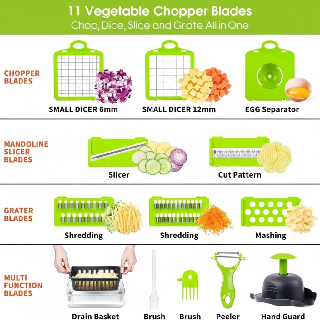 14-in-1 Vegetable Chopper with Container & Interchangeable Blades – Veggie & Onion Chopper, Food Dicer, Mandoline Slicer for Kitchen, Vegetable Slicer for Fast Meal Prep
