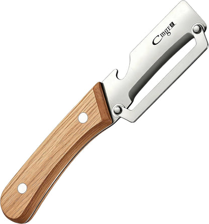 Vegetable Peeler, Stainless Steel Wooden Handle for Potato, Fruit | Multifunctional, Zero-Snag Flex, Built-in Bottle Opener, Ergonomic Nonslip Right-Hand Grip, 2 in 1 Veggie Apple Kitchen Tool