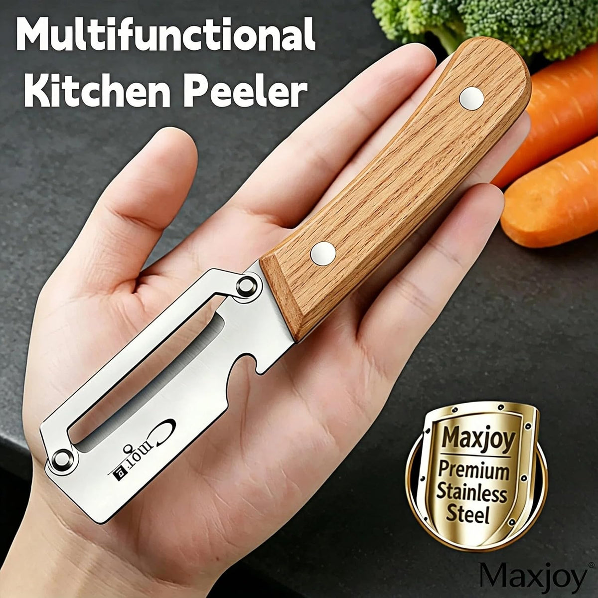 Vegetable Peeler, Stainless Steel Wooden Handle for Potato, Fruit | Multifunctional, Zero-Snag Flex, Built-in Bottle Opener, Ergonomic Nonslip Right-Hand Grip, 2 in 1 Veggie Apple Kitchen Tool