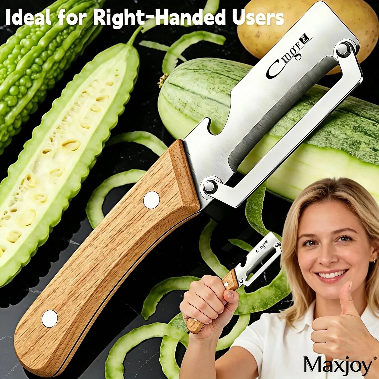 Vegetable Peeler, Stainless Steel Wooden Handle for Potato, Fruit | Multifunctional, Zero-Snag Flex, Built-in Bottle Opener, Ergonomic Nonslip Right-Hand Grip, 2 in 1 Veggie Apple Kitchen Tool