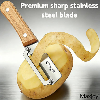 Vegetable Peeler, Stainless Steel Wooden Handle for Potato, Fruit | Multifunctional, Zero-Snag Flex, Built-in Bottle Opener, Ergonomic Nonslip Right-Hand Grip, 2 in 1 Veggie Apple Kitchen Tool